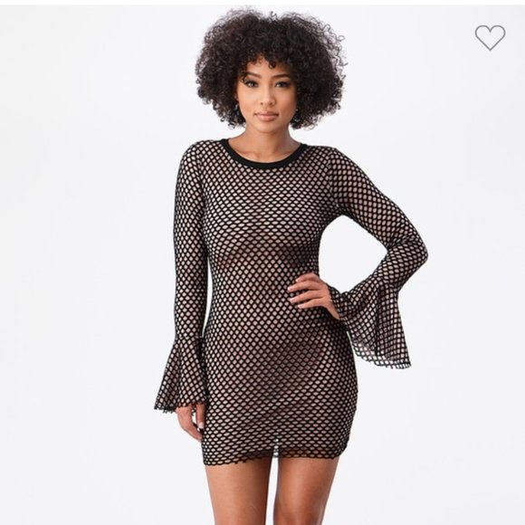 Nude Illusion Fishnet Mini Dress by Cherie - Picture 1 of 7